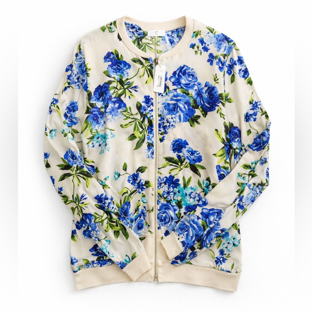 Lightweight Blue Floral White Jacket Cottage core Coastal